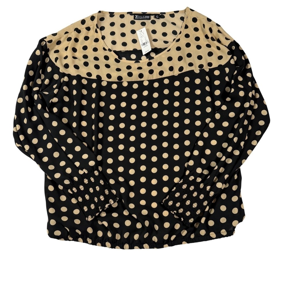 New York & Company 7th Avenue Polka Dot Blouse Tan Black Smocked XL 0927